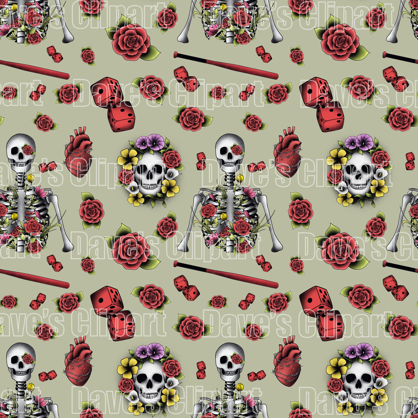 Valentines Tattoo Style Seamless Pattern 2 Variations