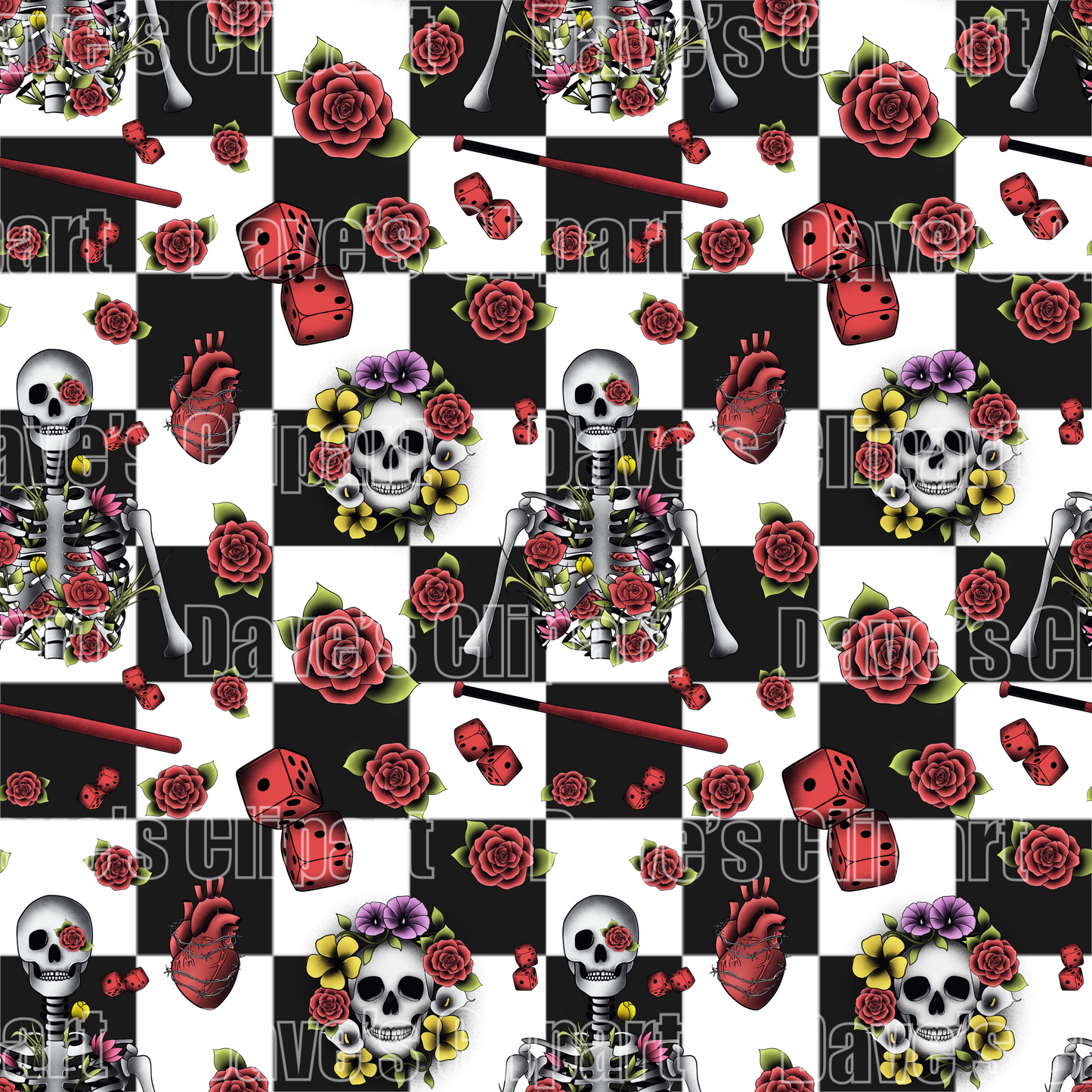 Valentines Tattoo Style Seamless Pattern 2 Variations