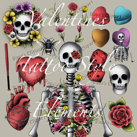 Valentines Tattoo Style Elements